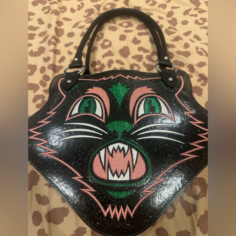 Sourpuss Black,green and Pink Cat glitter Shoulder Bag